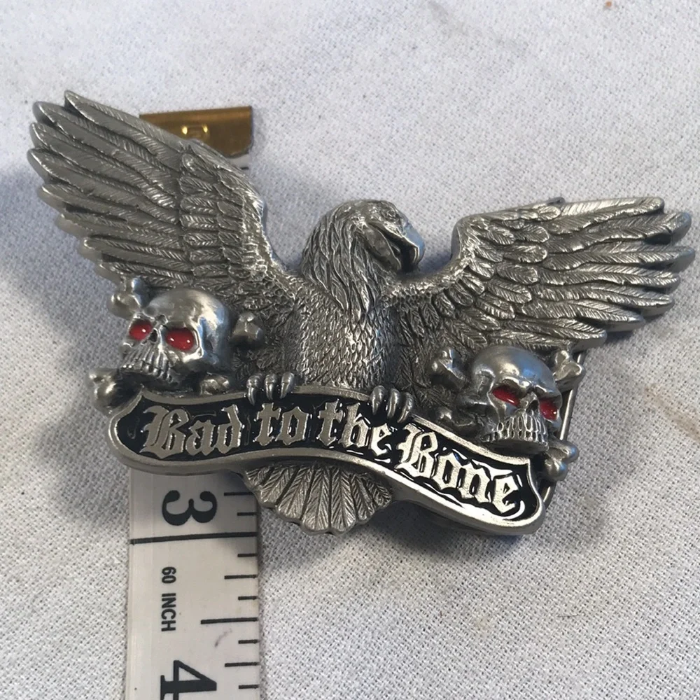 Vintage 1991 Biker Gothic Silver-toned Metal “Bad to the Bone” Belt Buckle